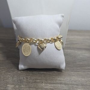 14k Gold Plated Tone Heart & Disc Charm Bracelet - Women Jewelry